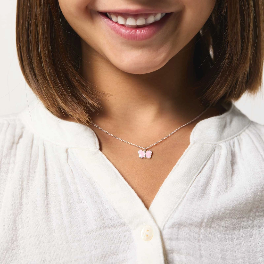 Silverhalsband för barn - rosa fjäril, 36+2cm
