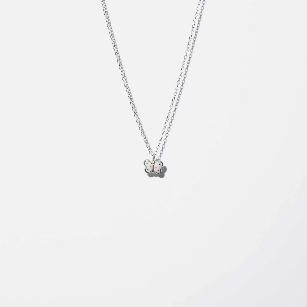 Silverhalsband för barn - vit fjäril, 36+2cm