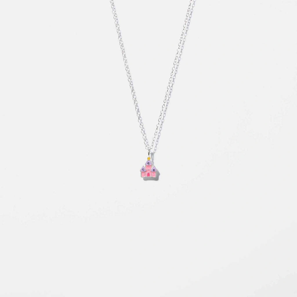 Silverhalsband för barn - rosa slott, 36+2cm