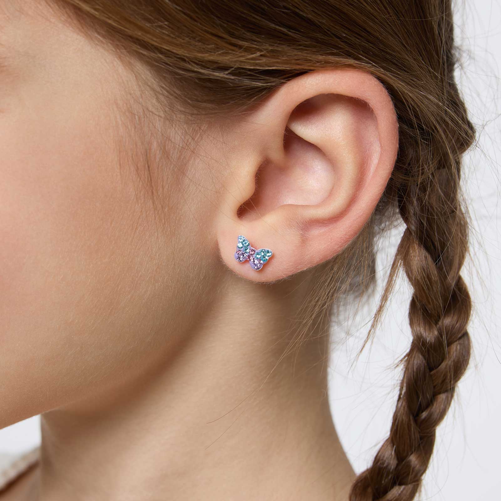 Silverörhängen för barn - studs fjärilar rosa/lila