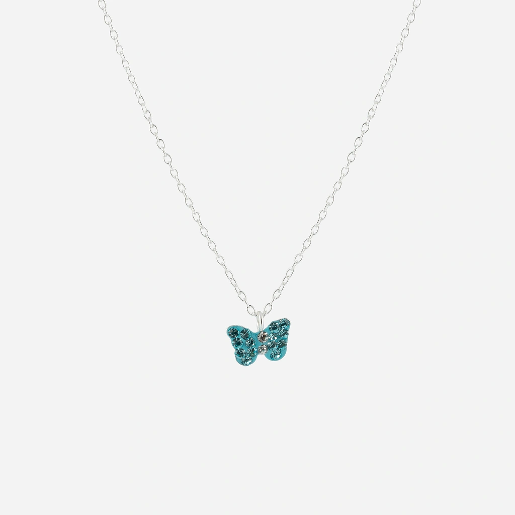 Silverhalsband för barn - blå fjäril, 36+2 cm