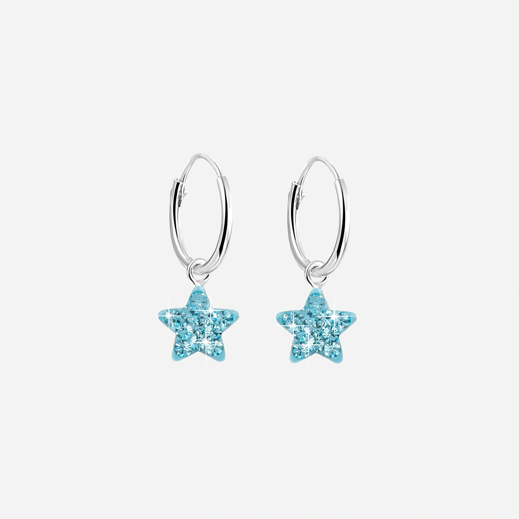 Silverörhängen för barn - hoops, blå stjärnor, 12 mm