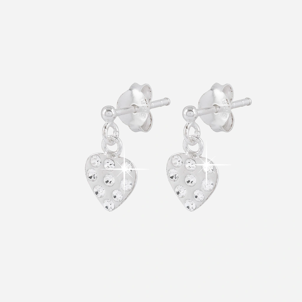 Silverörhängen för barn - hängande vita hjärtan, kristaller