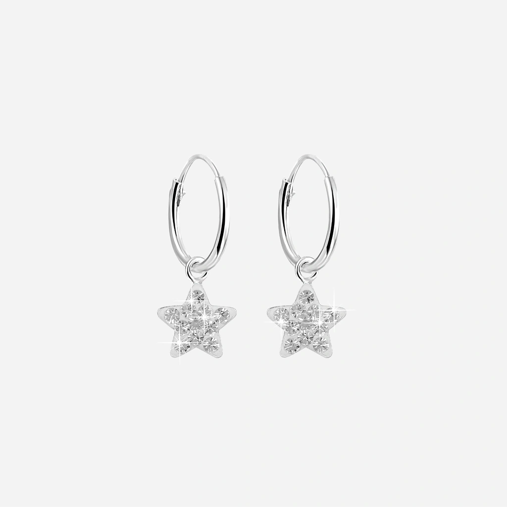 Silverörhängen för barn - hoops, vita stjärnor, 12 mm