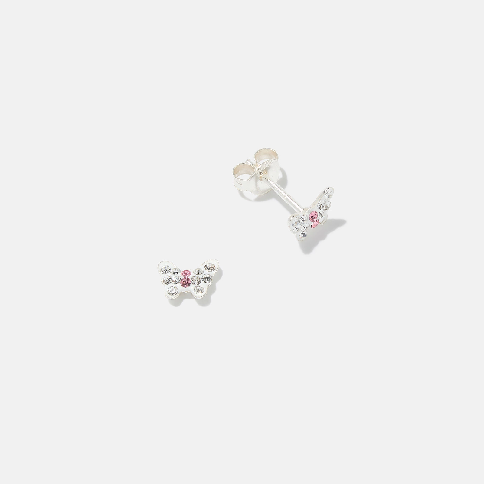 Silverörhängen för barn - studs fjärilar vit/rosa
