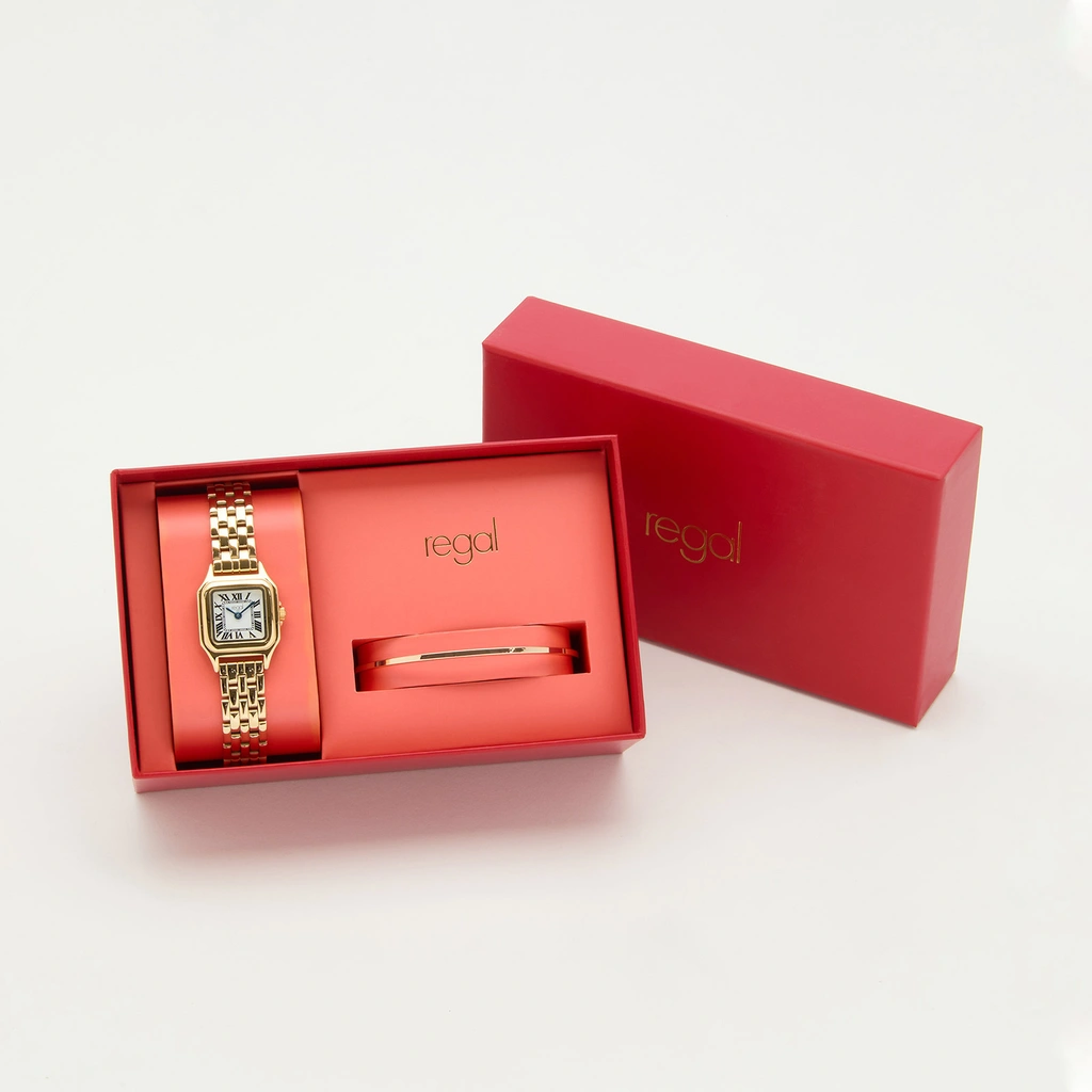 Regal klockset dam - kvadratisk, guldton, 24x24mm