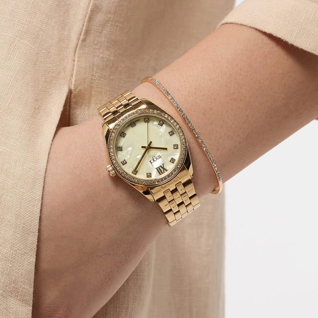 Regal klockset dam - metallband, guldton, 34 mm