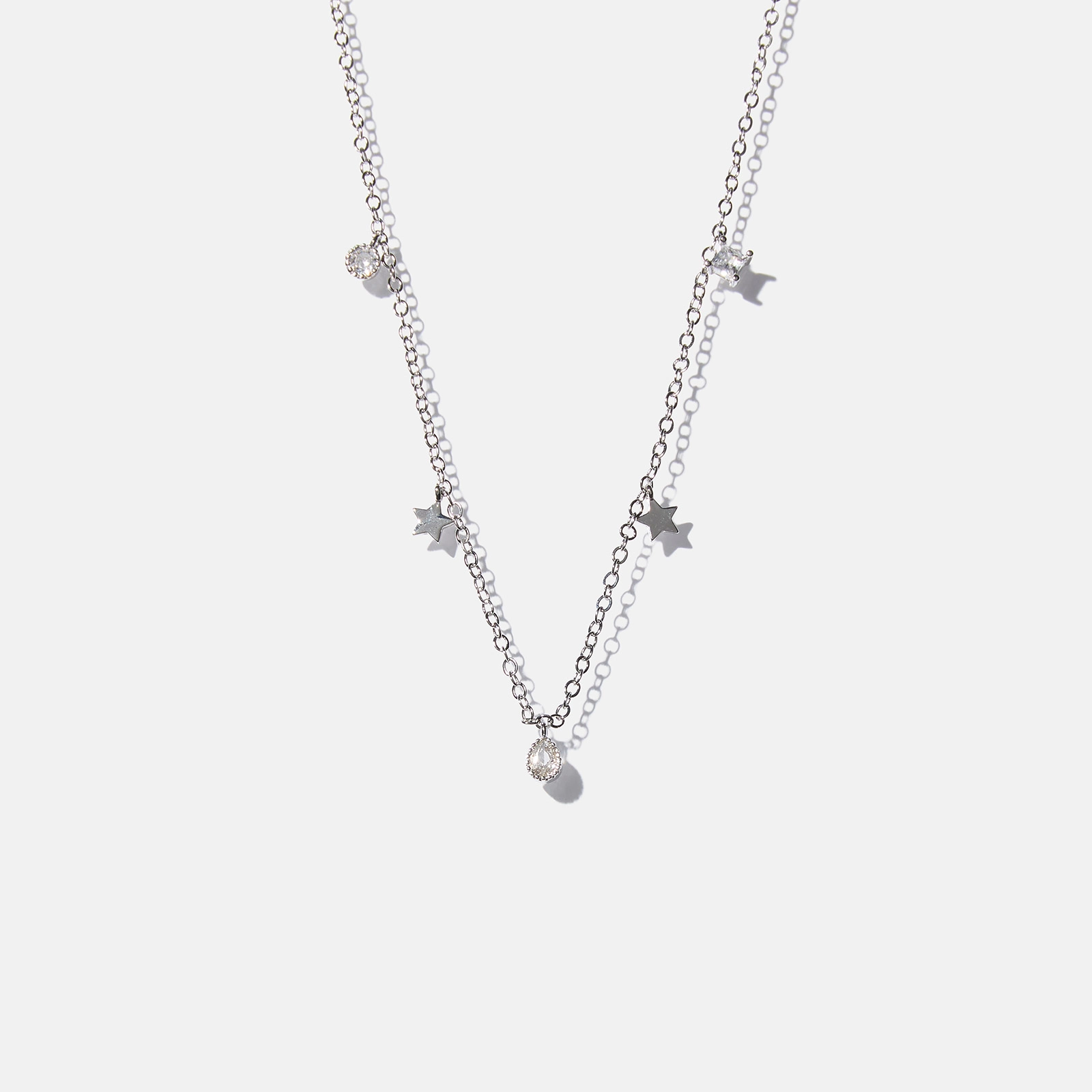 Silverfärgat halsband - stjärnor & stenar 42+5cm