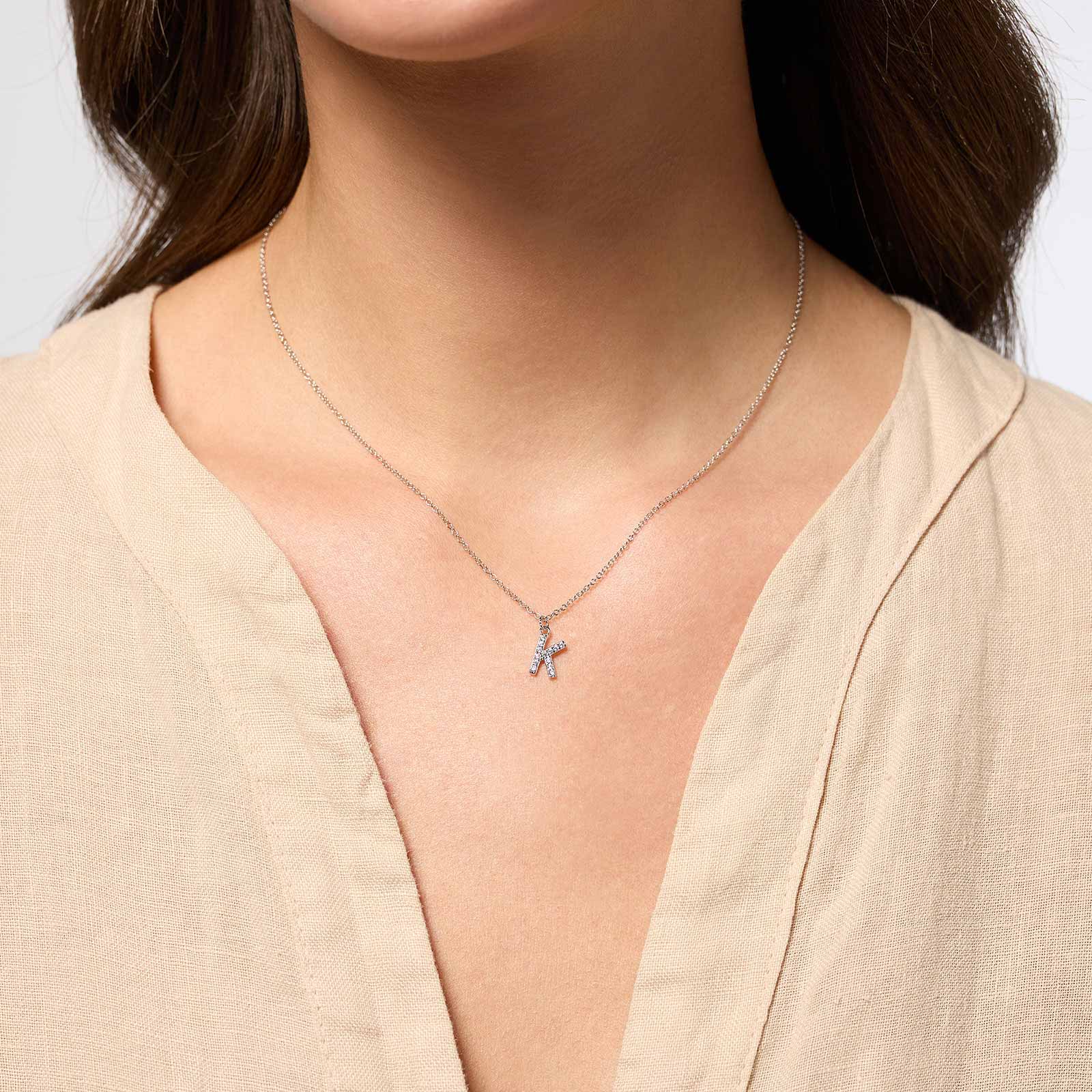 Halsband äkta silver, bokstav K - 42+3 cm