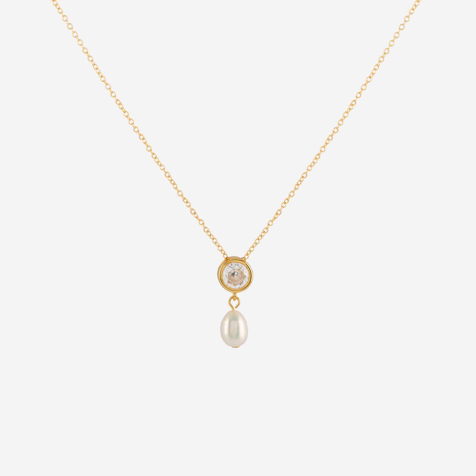 Guldpläterat silverhalsband - pärla & Kubisk Zirkonia 42+3 cm