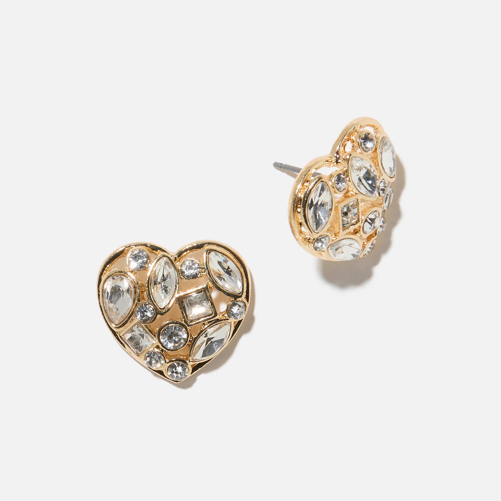 Guldfärgade örhängen - hjärtformade studs med stenar