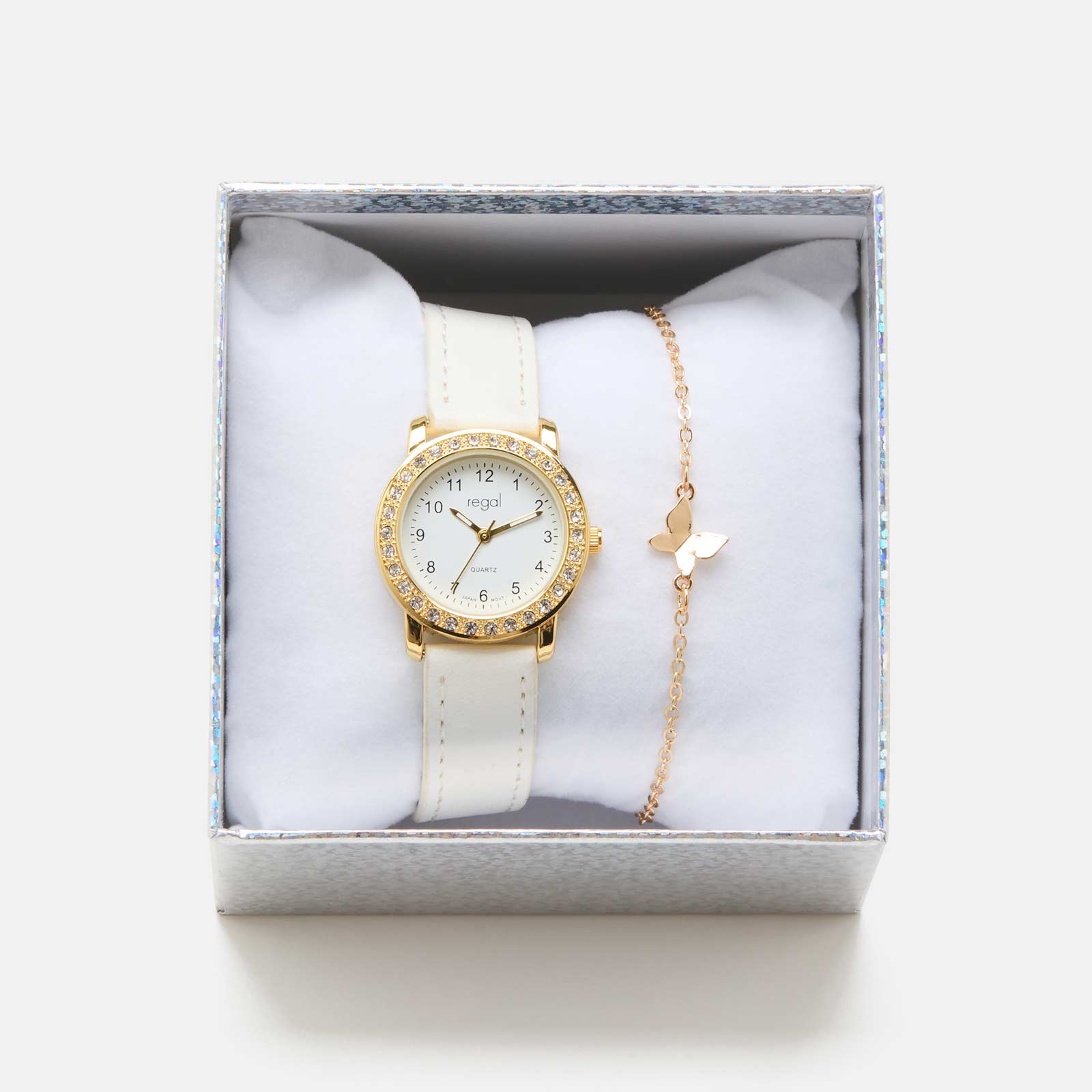 Regal barnklocka - set med armband, guld/vit, 28 mm