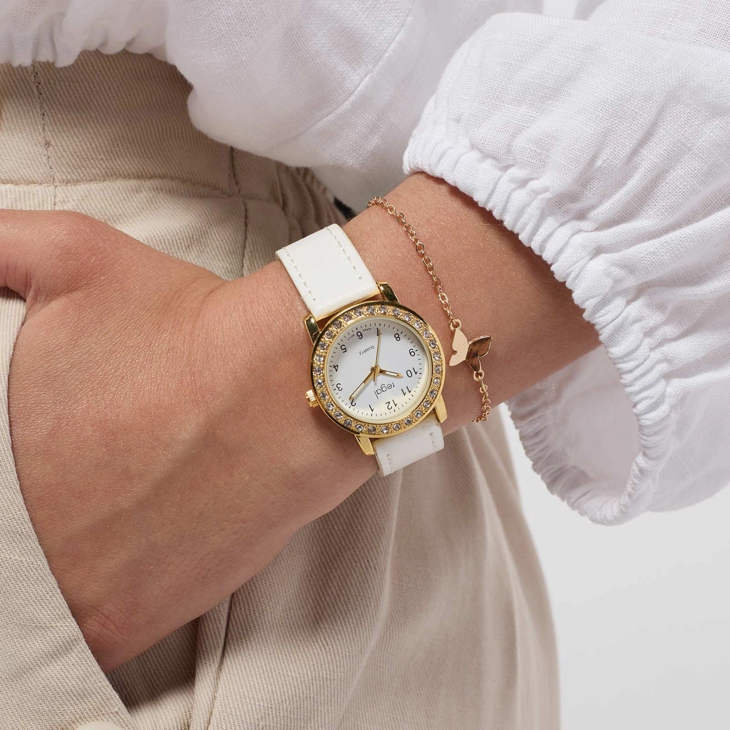 Regal barnklocka - set med armband, guld/vit, 28 mm
