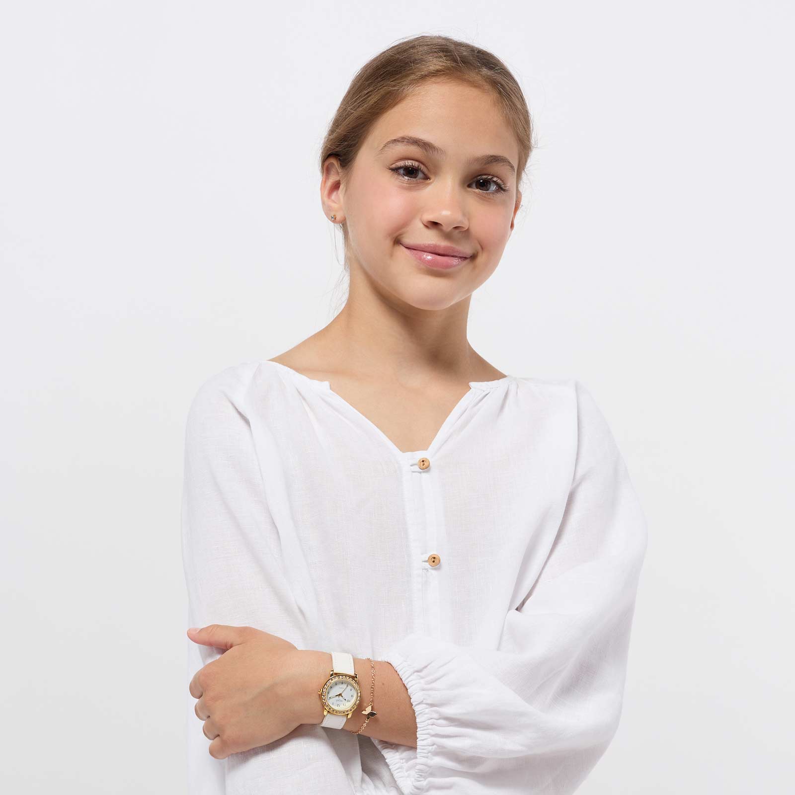 Regal barnklocka - set med armband, guld/vit, 28 mm