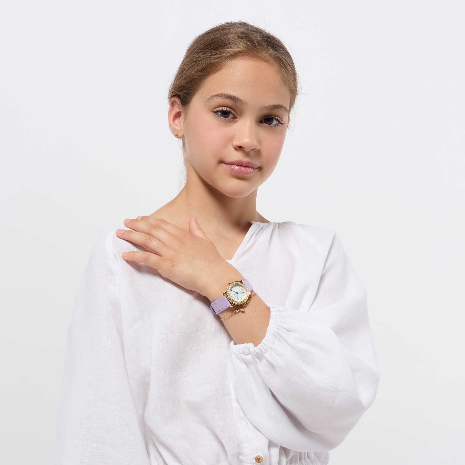 Regal barnklocka - set med armband, guld/ljuslila, 28 mm