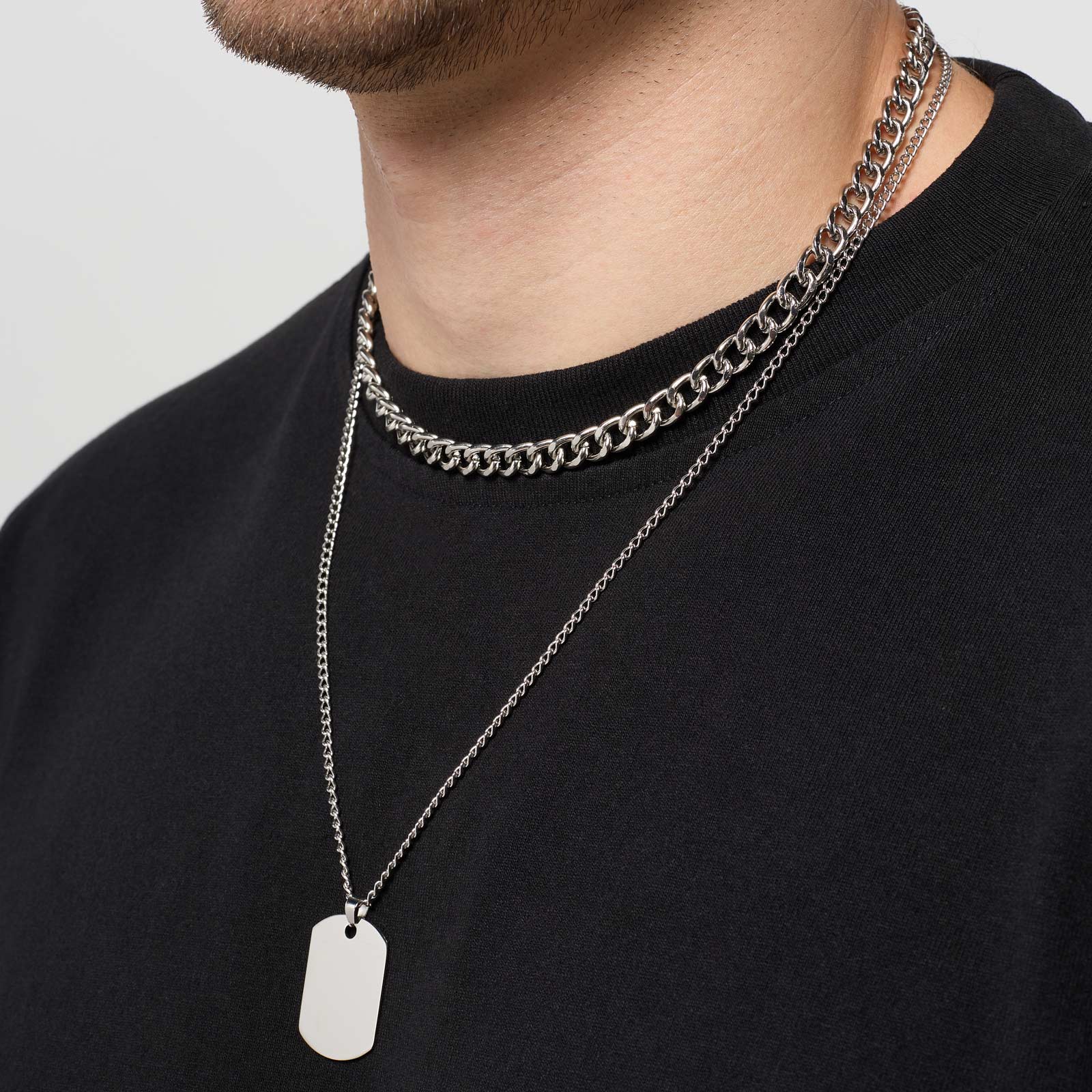 2-radigt silverfärgat halsband för herr, 45-52+6cm