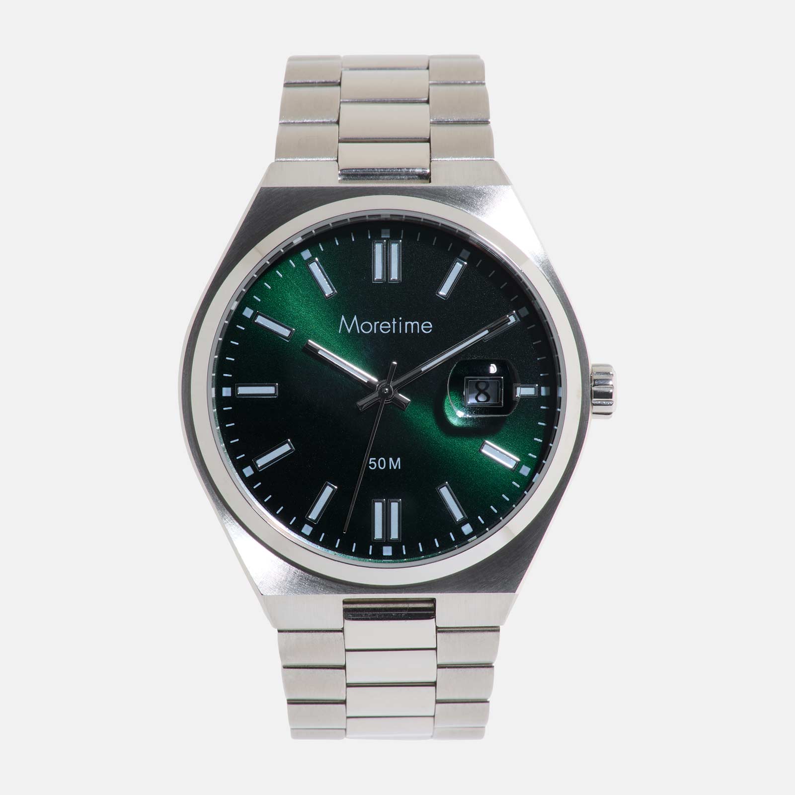 Moretime herrklocka - metallband, förstorat datum, silver/grön