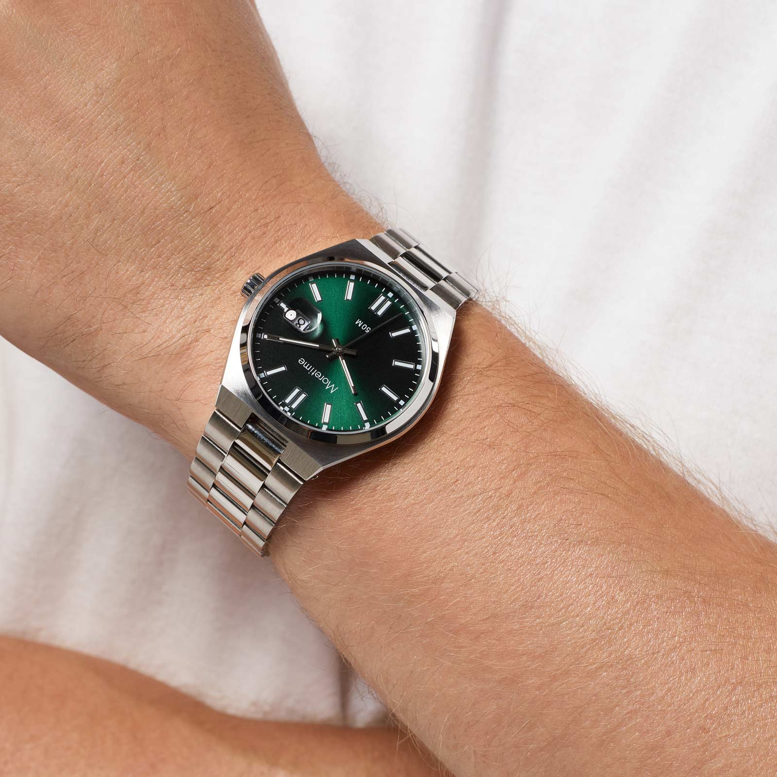 Moretime herrklocka - metallband, förstorat datum, silver/grön