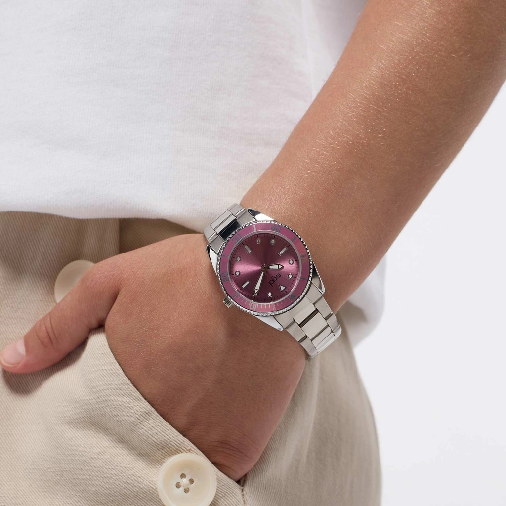 Regal barnklocka - metallband, silver/rosa, 30 mm