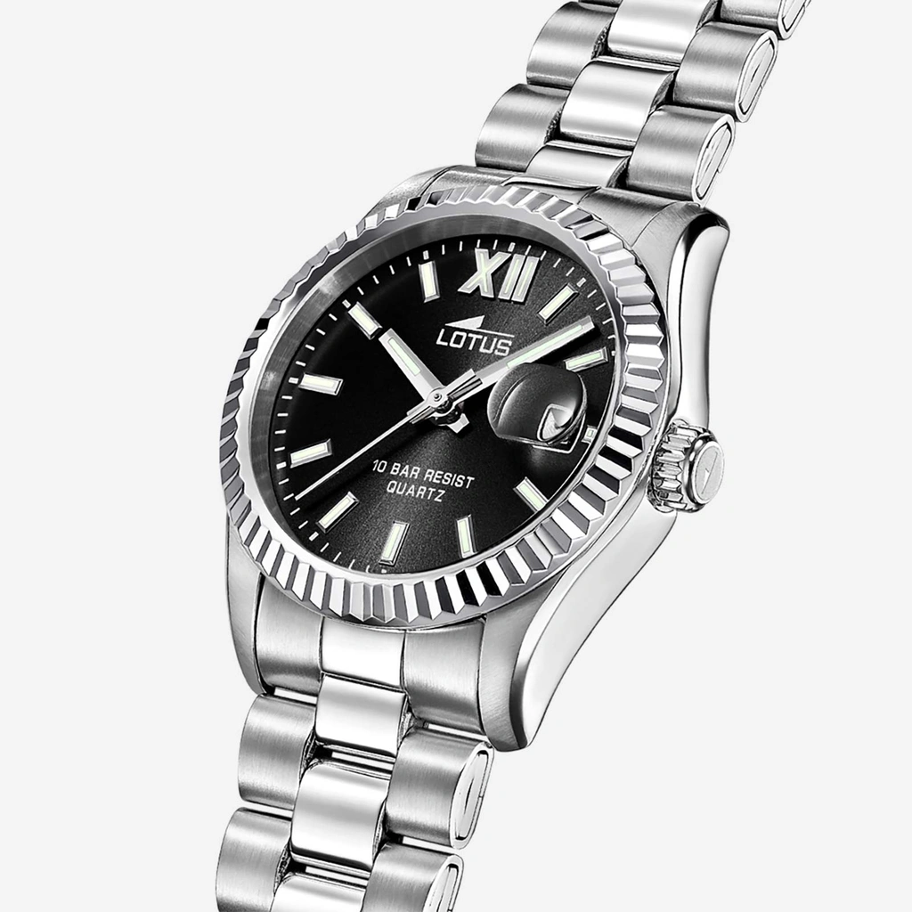 Lotus damklocka - datum, stål/svart, 10ATM, 17mm