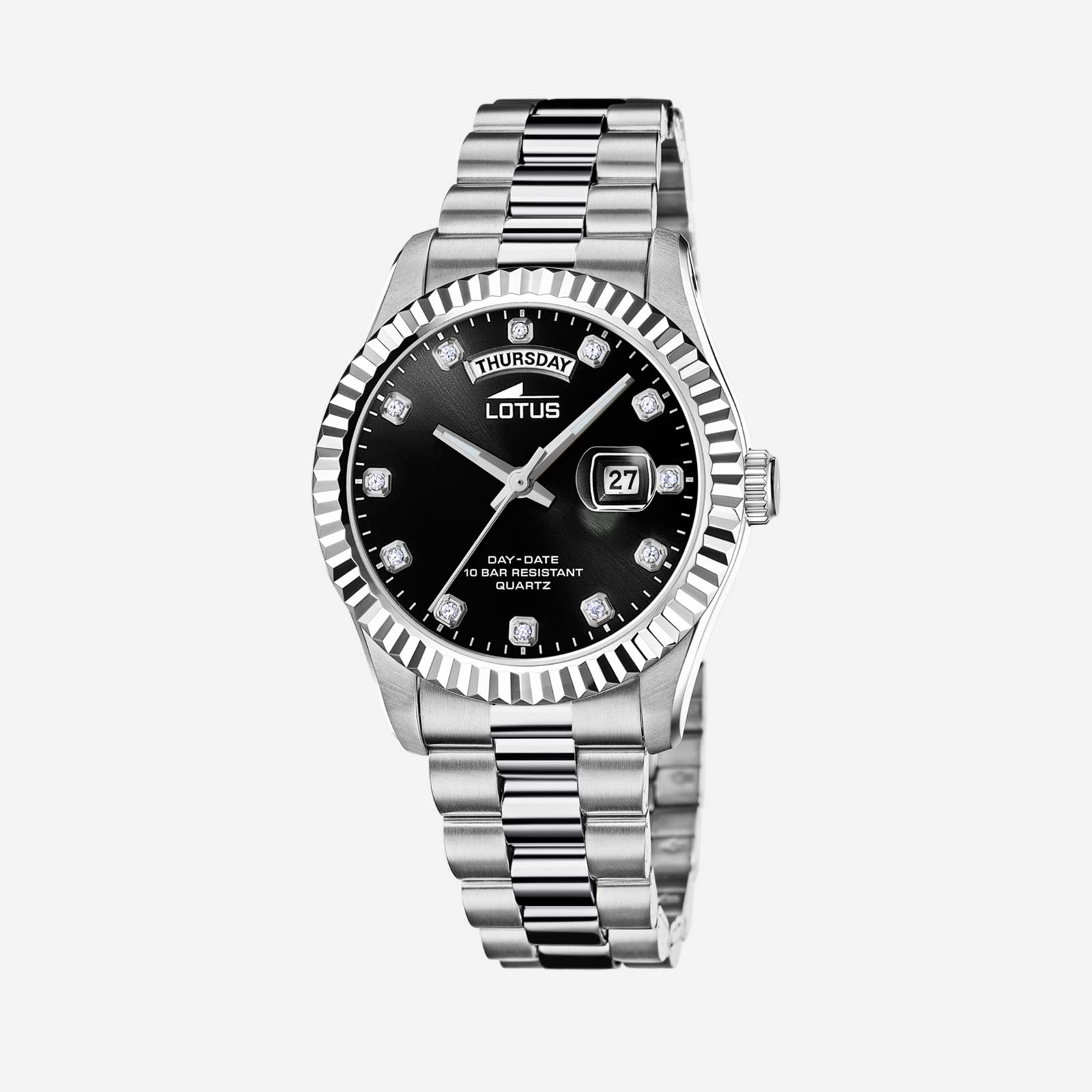 Lotus herrklocka -  dag/datum,  stål/svart, stenar, 41,5 mm