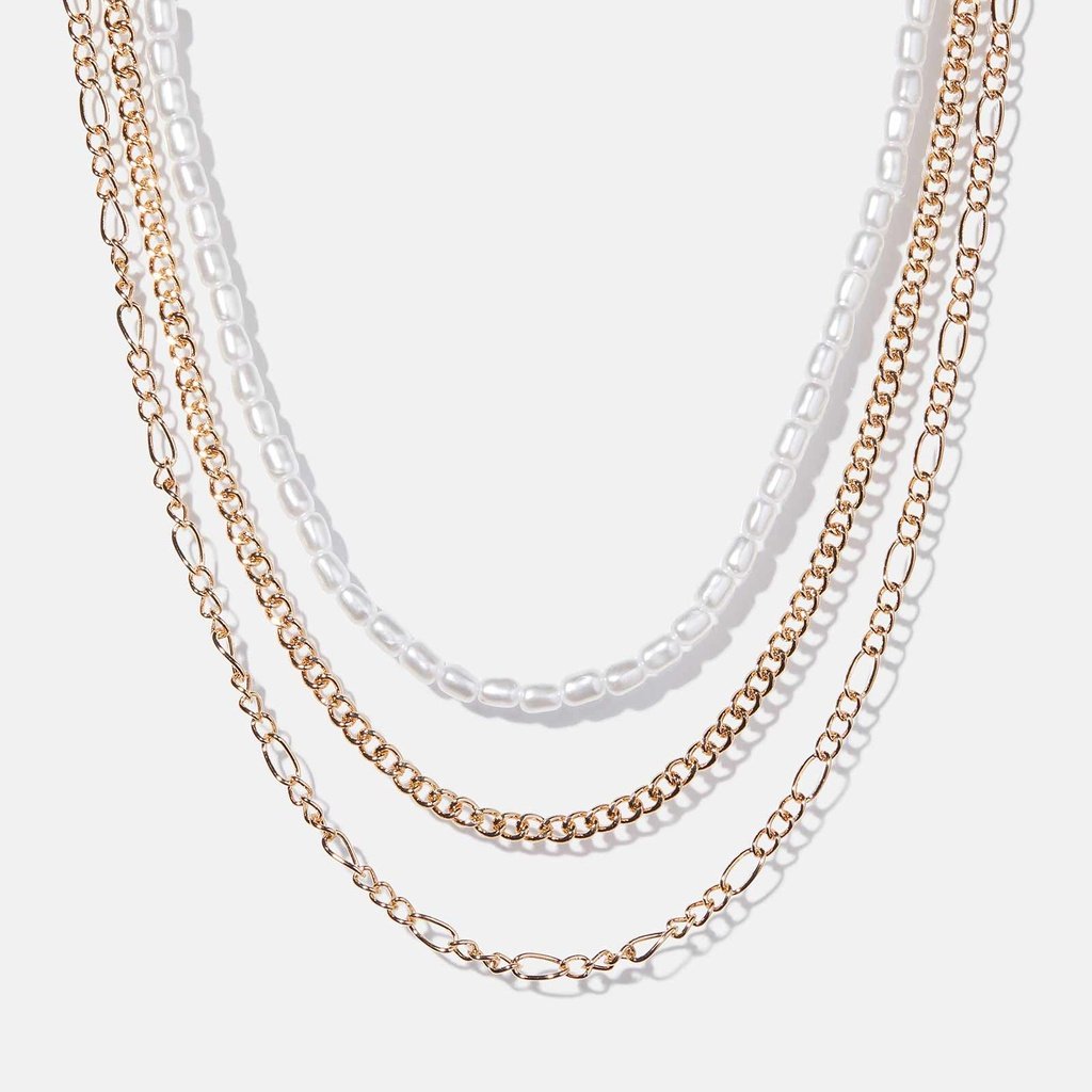 3-radigt halsband - guldfärgat & pärlor