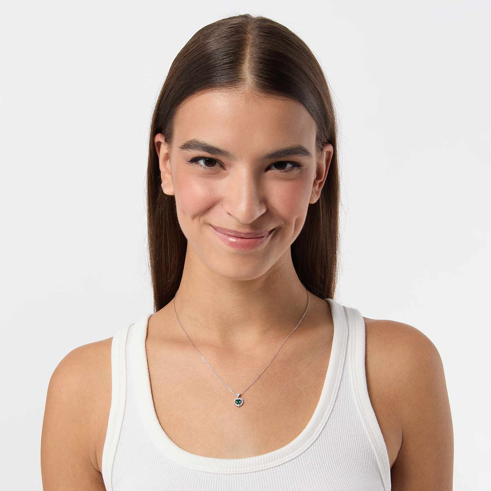 Halsband i äkta silver -  grönt hjärta med halo, 40+5cm