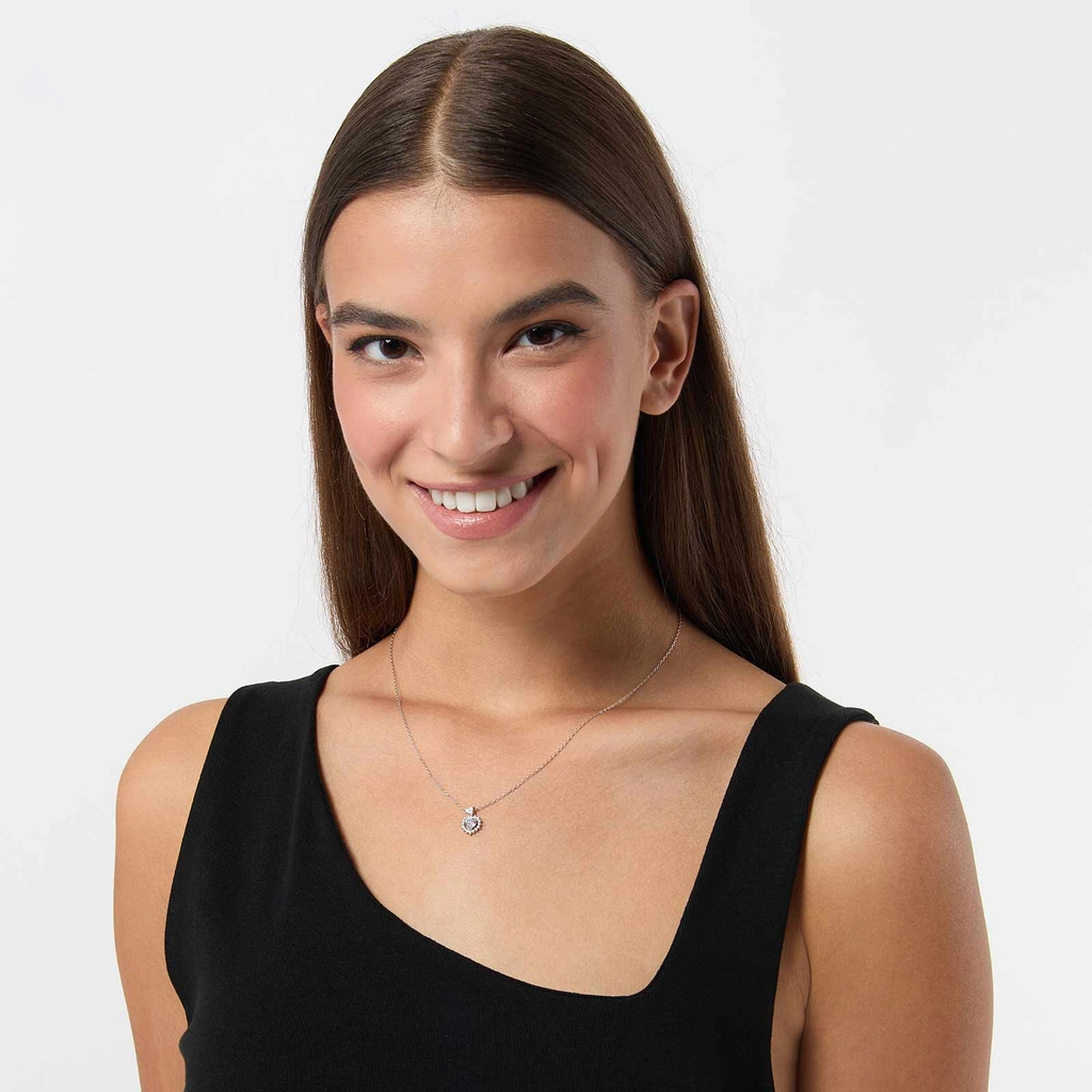 Halsband i äkta silver -  vit hjärta med halo, 40+5cm