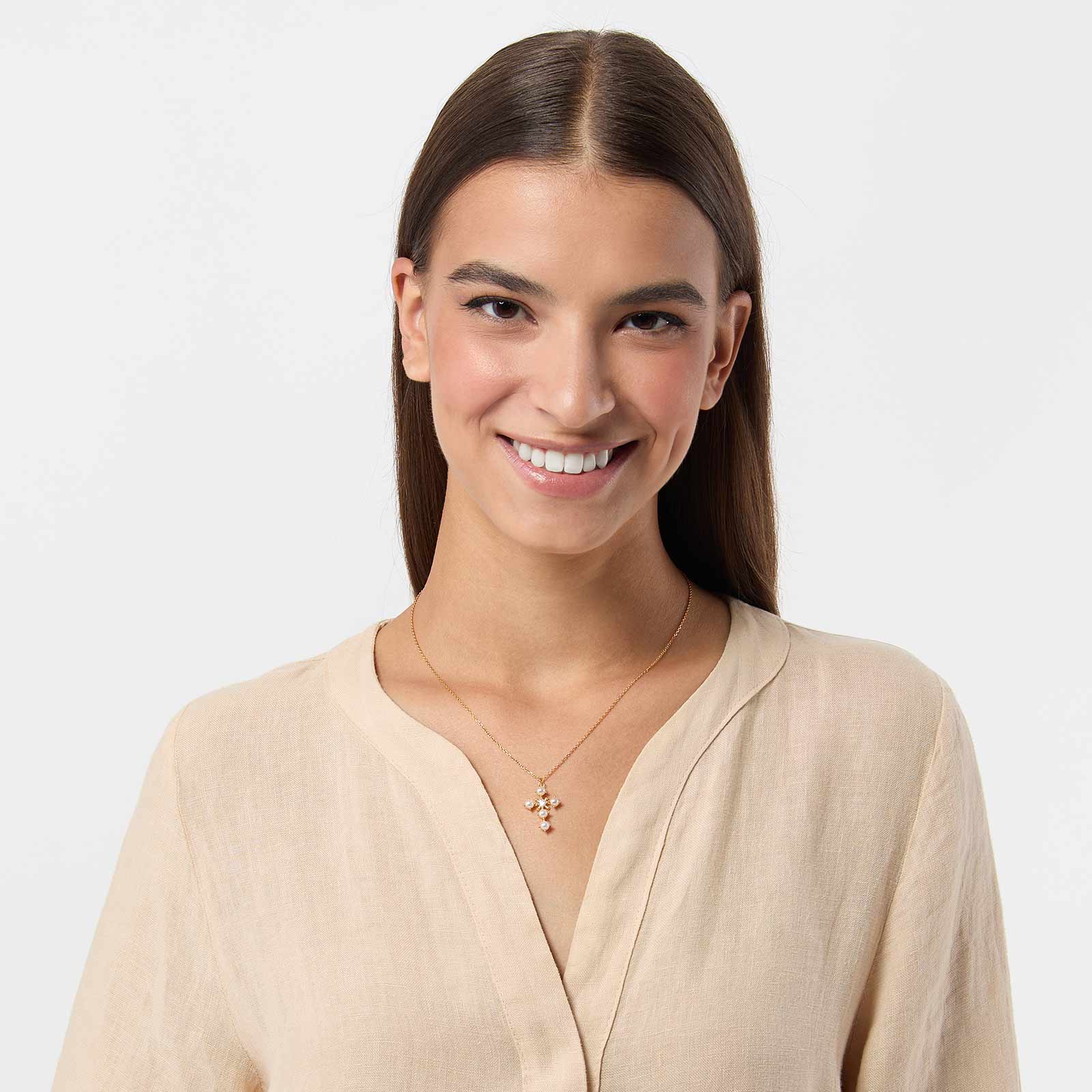 Guldpläterat halsband i äkta silver - kors med Shell Pearls