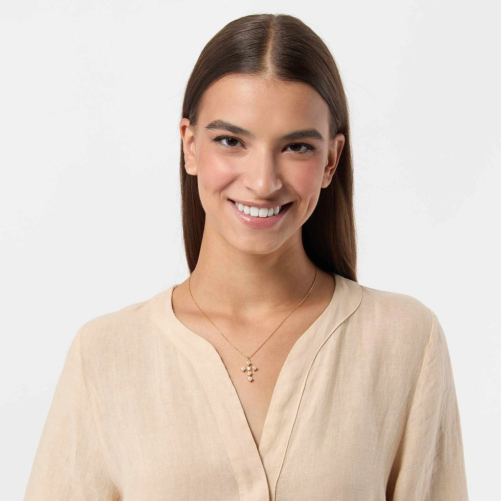 Guldpläterat halsband i äkta silver - kors med Shell Pearls