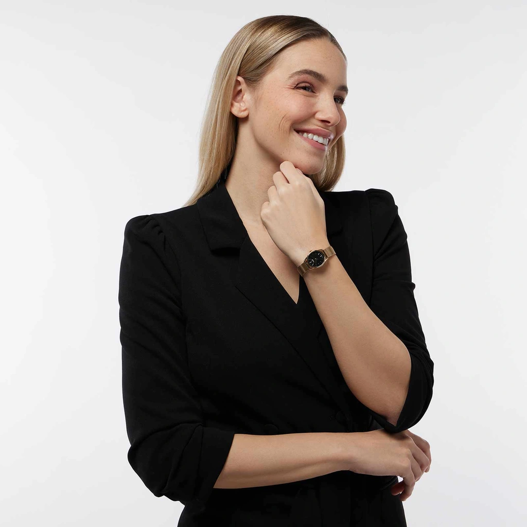 Regal damklocka - guld/svart, meshband, 24mm