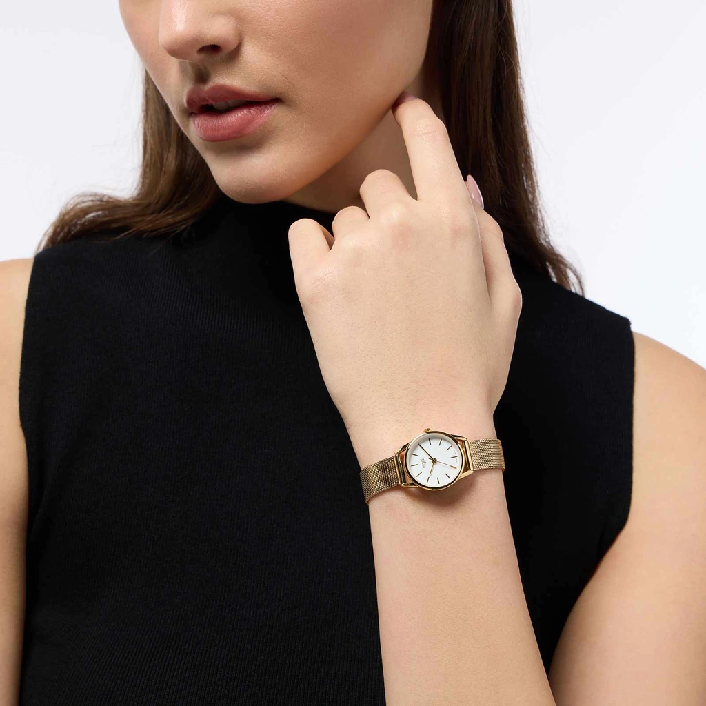 Regal damklocka - guld/vit, meshband, 24mm