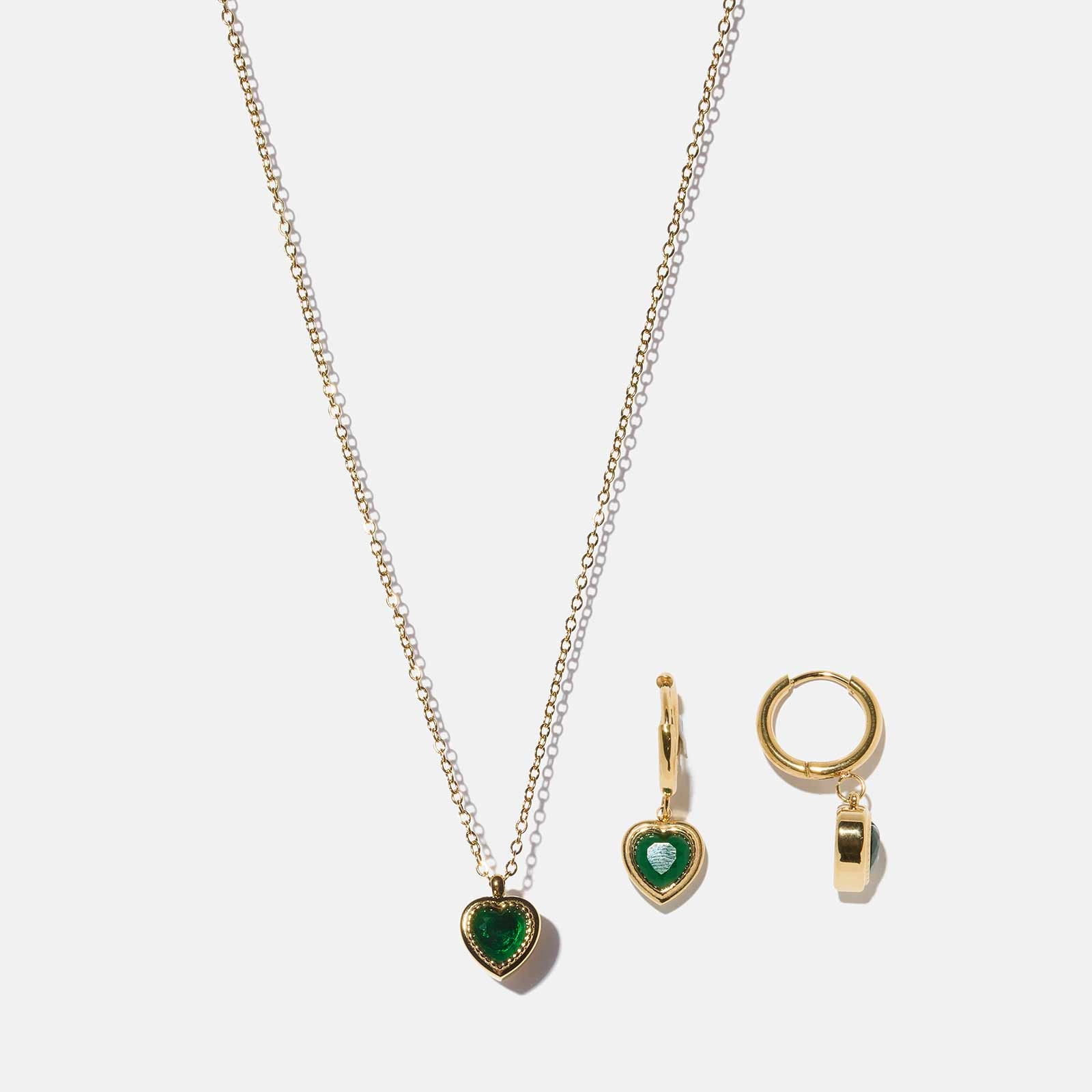 Smyckeset i stål - halsband & örhängen, gröna stenar