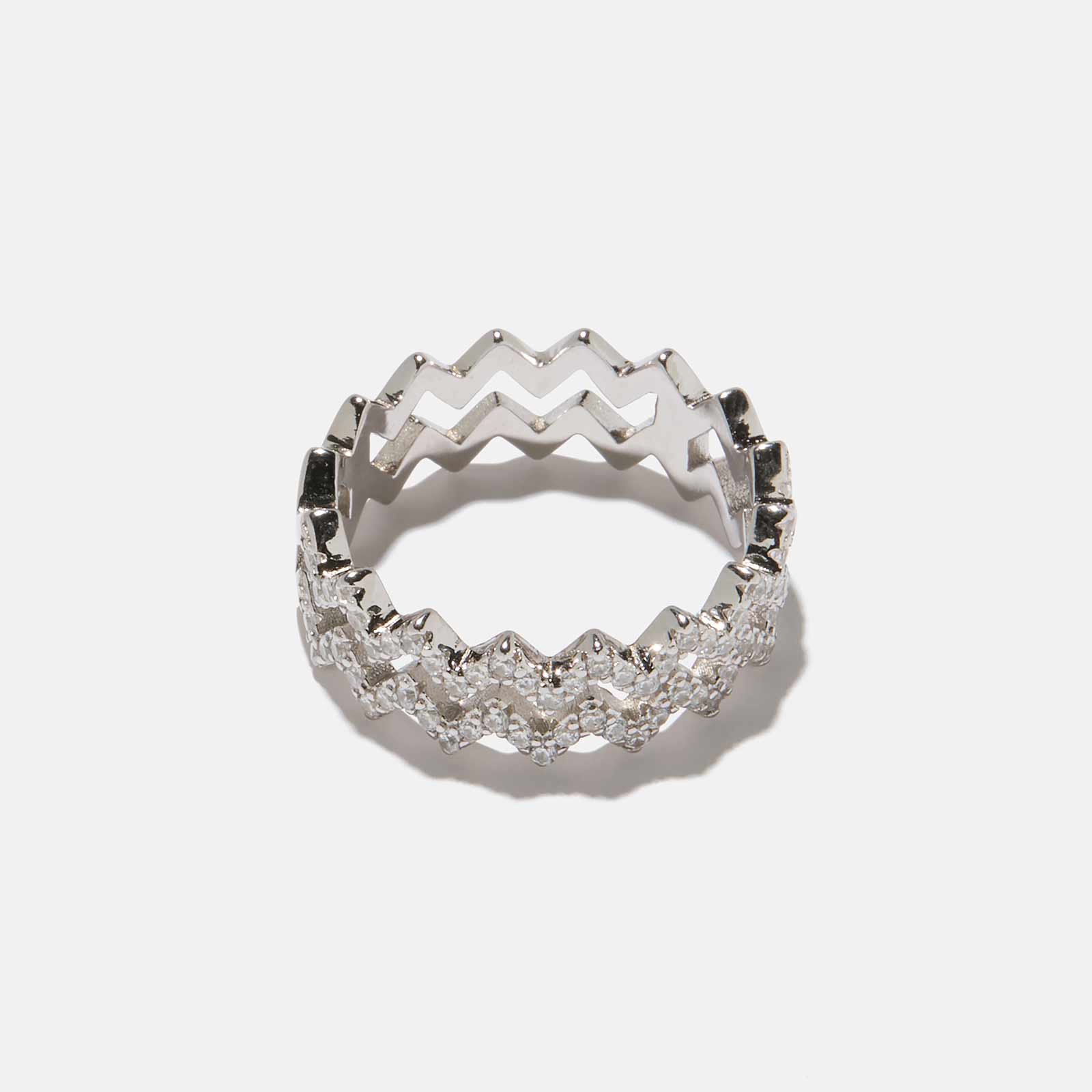 Dubbelring i äkta silver - vita stenar, zig zag