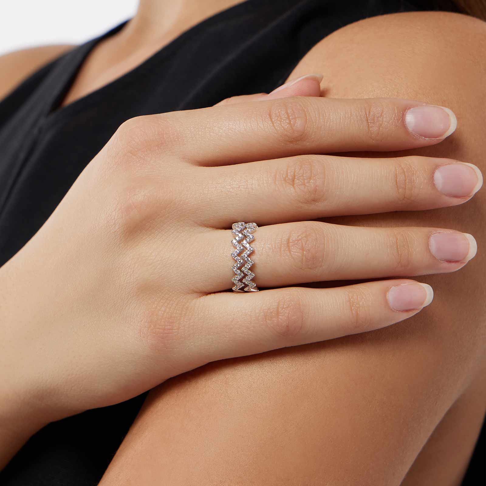 Dubbelring i äkta silver - vita stenar, zig zag