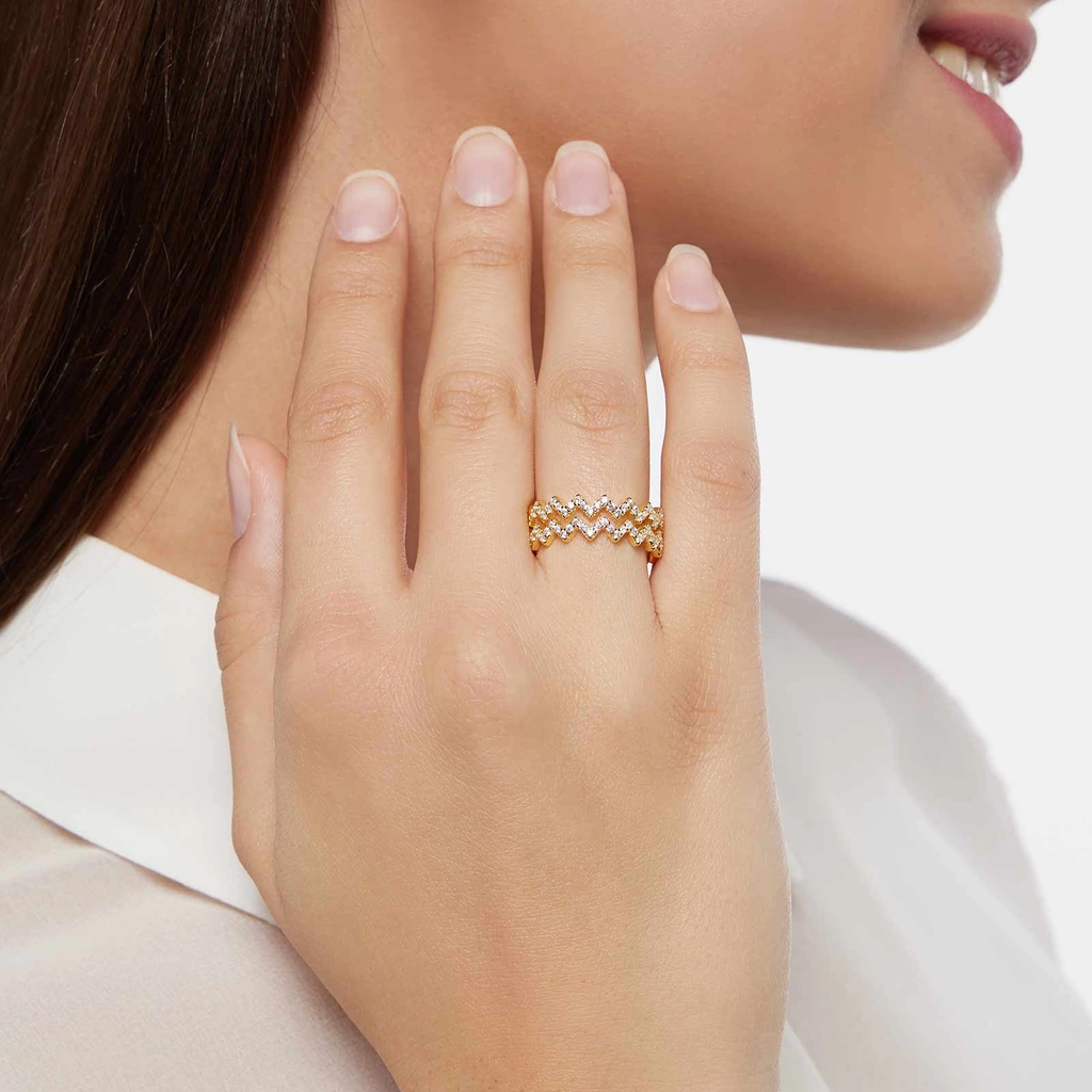 Guldpläterad dubbelring i äkta silver - vita stenar, zig zag, 15,5 mm