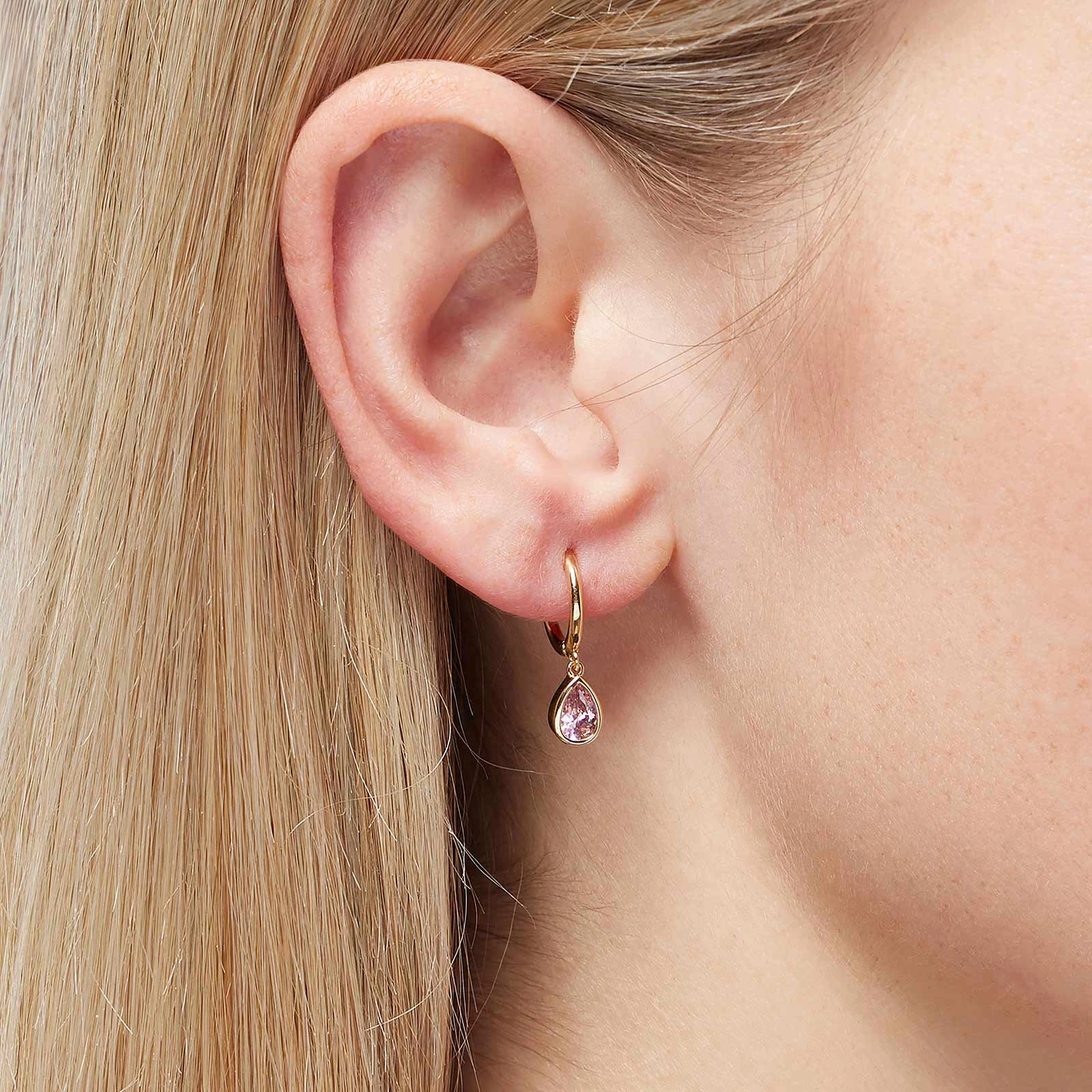 18k guldpläterade örhängen - hoops, droppe rosa sten