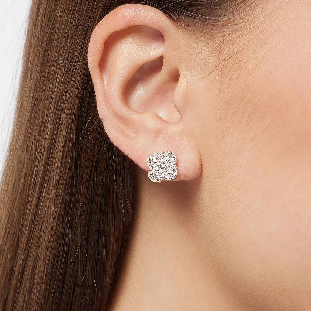 Guldfärgad örhängen, glittriga fyrklöver, 11 mm