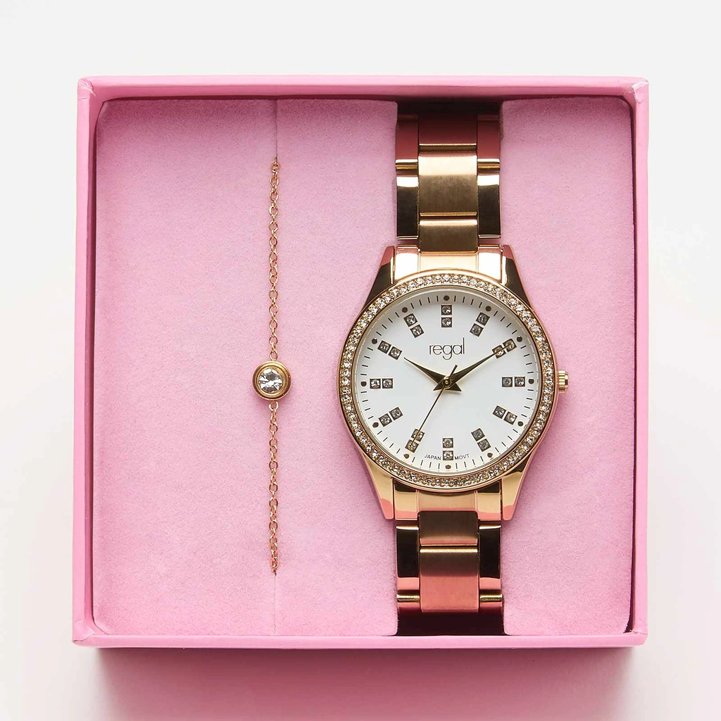 Regal klockset dam - metallband, guld/vit, 34mm