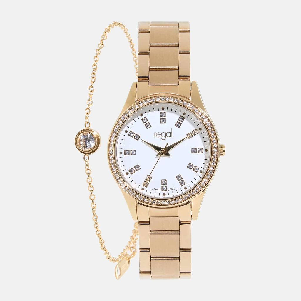 Regal klockset dam - metallband, guld/vit, 34mm