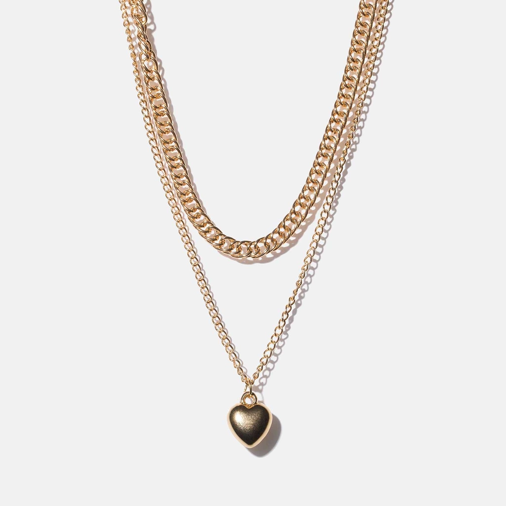 Guldfärgat halsband - 2 rader, hjärtberlock, 40+6 cm