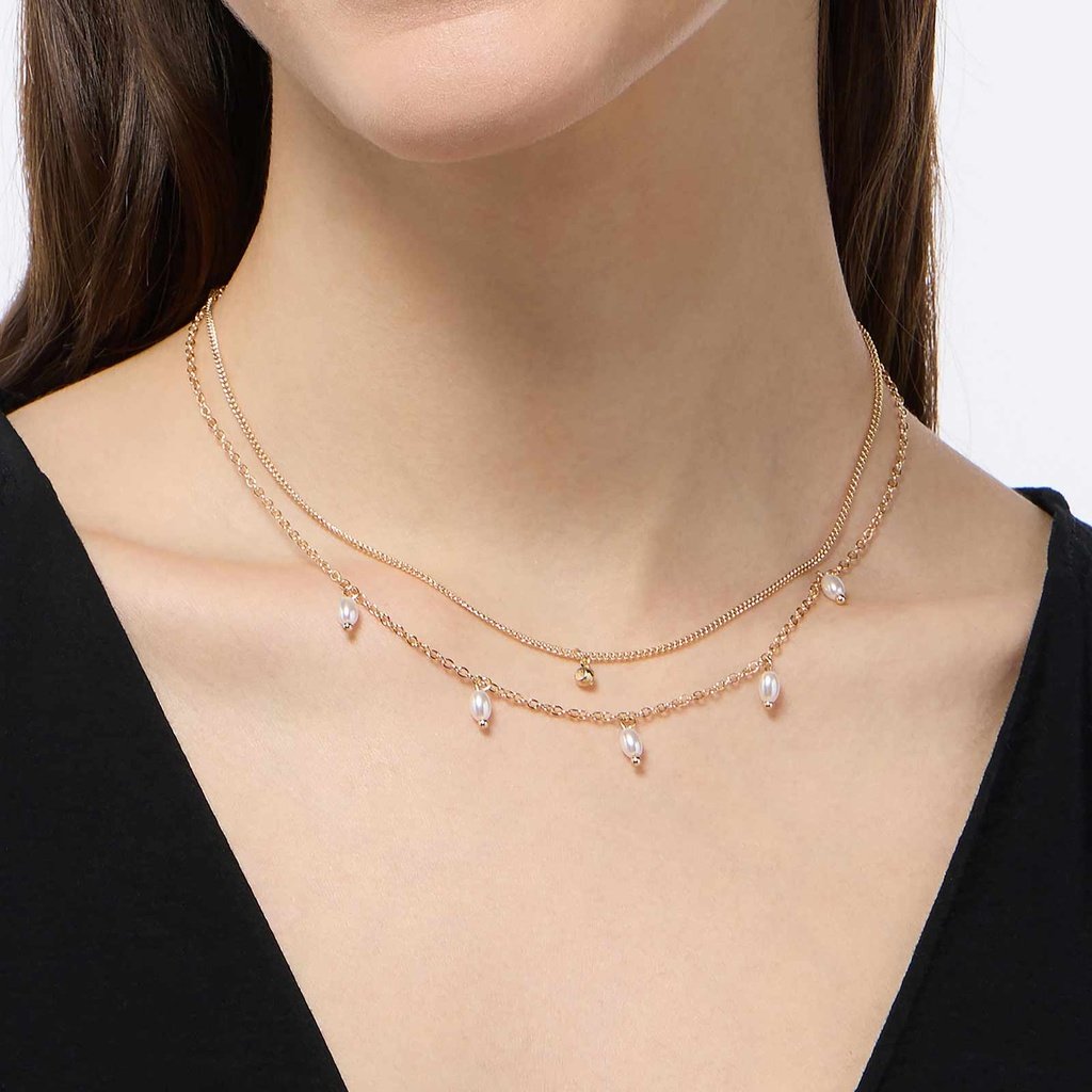Guldfärgat halsband - 2 rader, ovala pärlor, 40+8 cm