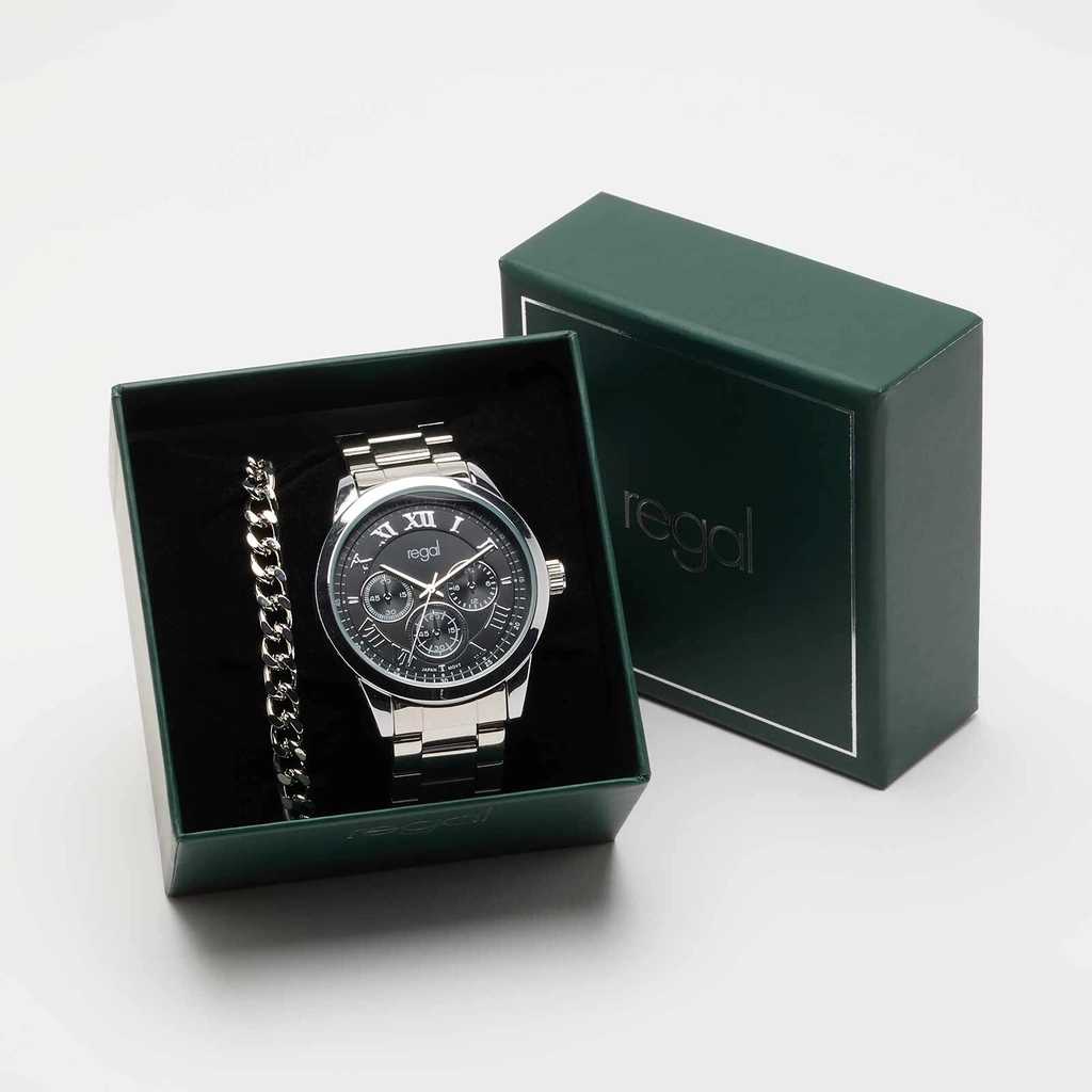 Regal klockset herr - metallband, silver/svart, 41mm