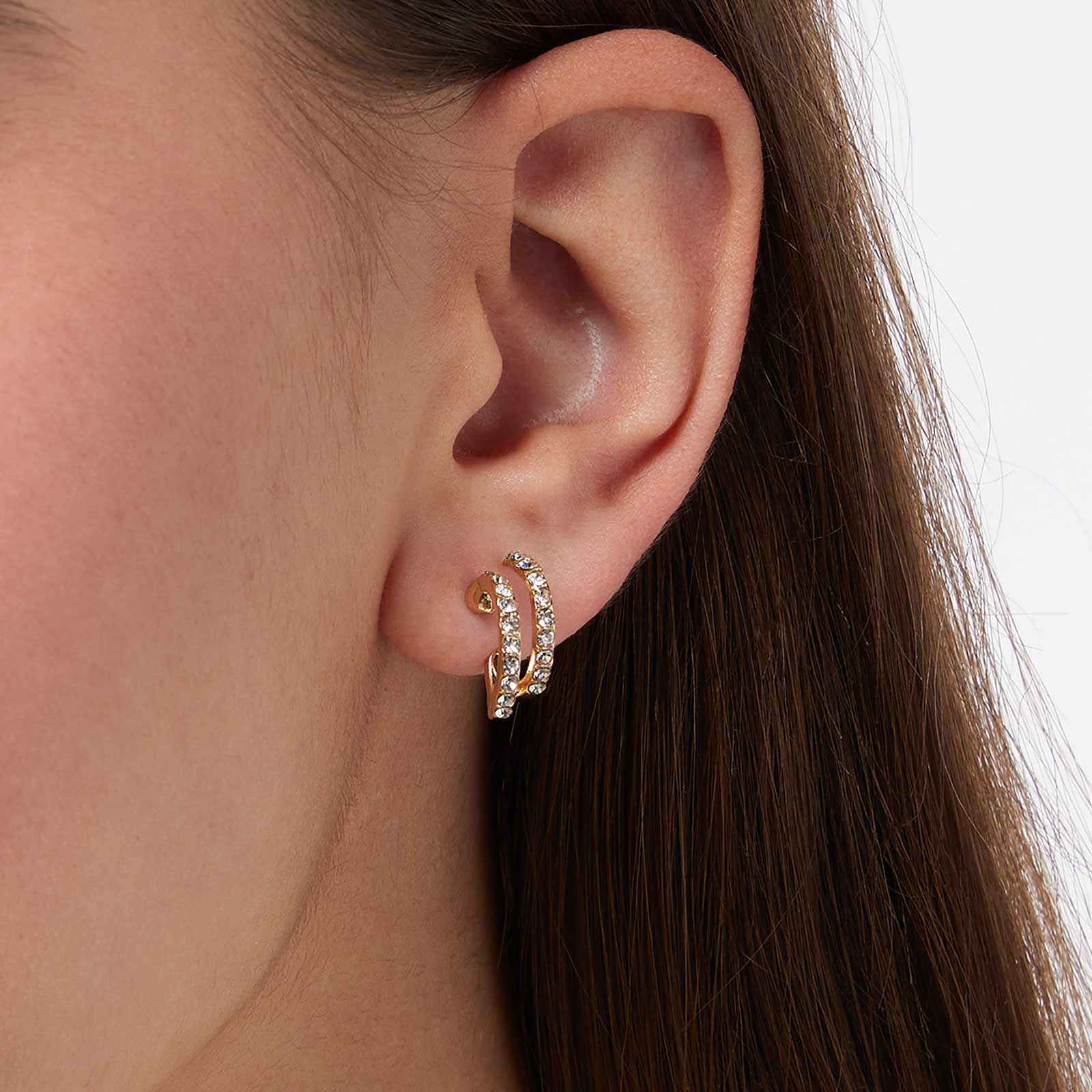 Guldfärgade örhängen - tvåradiga hoops med stenar, 15mm