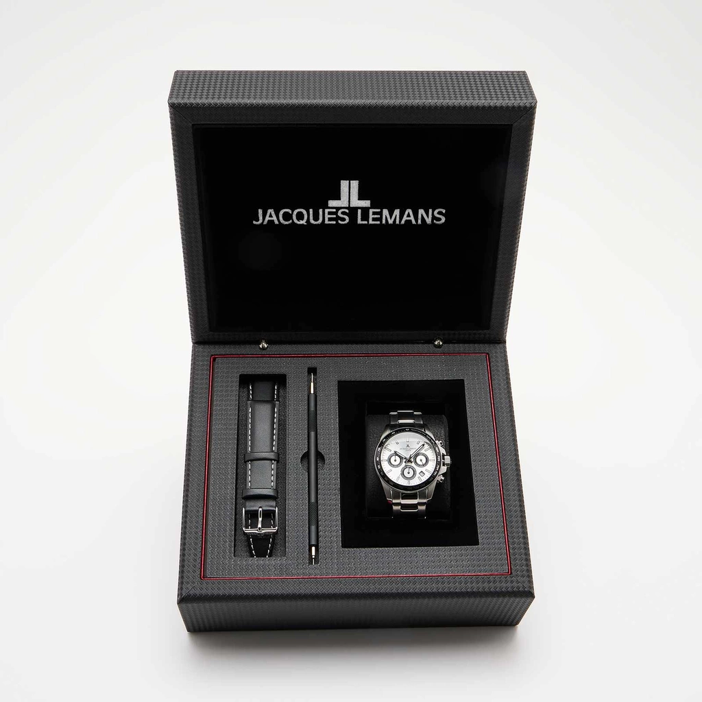 Jacques Lemans Liverpool - klockset herr, stål/vit, 41 mm