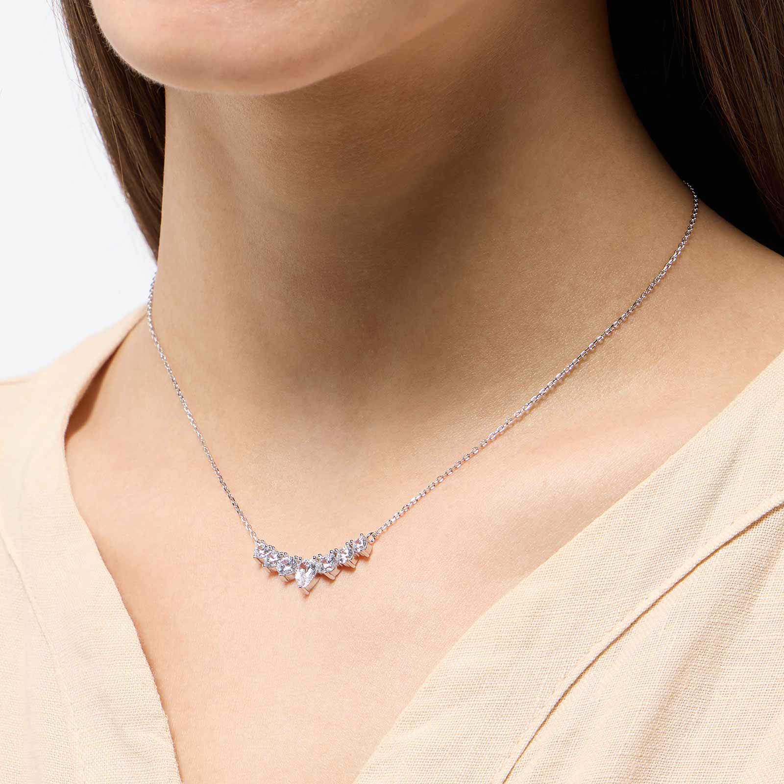 Halsband i äkta silver - bågformat hänge vita stenar, 40+5cm