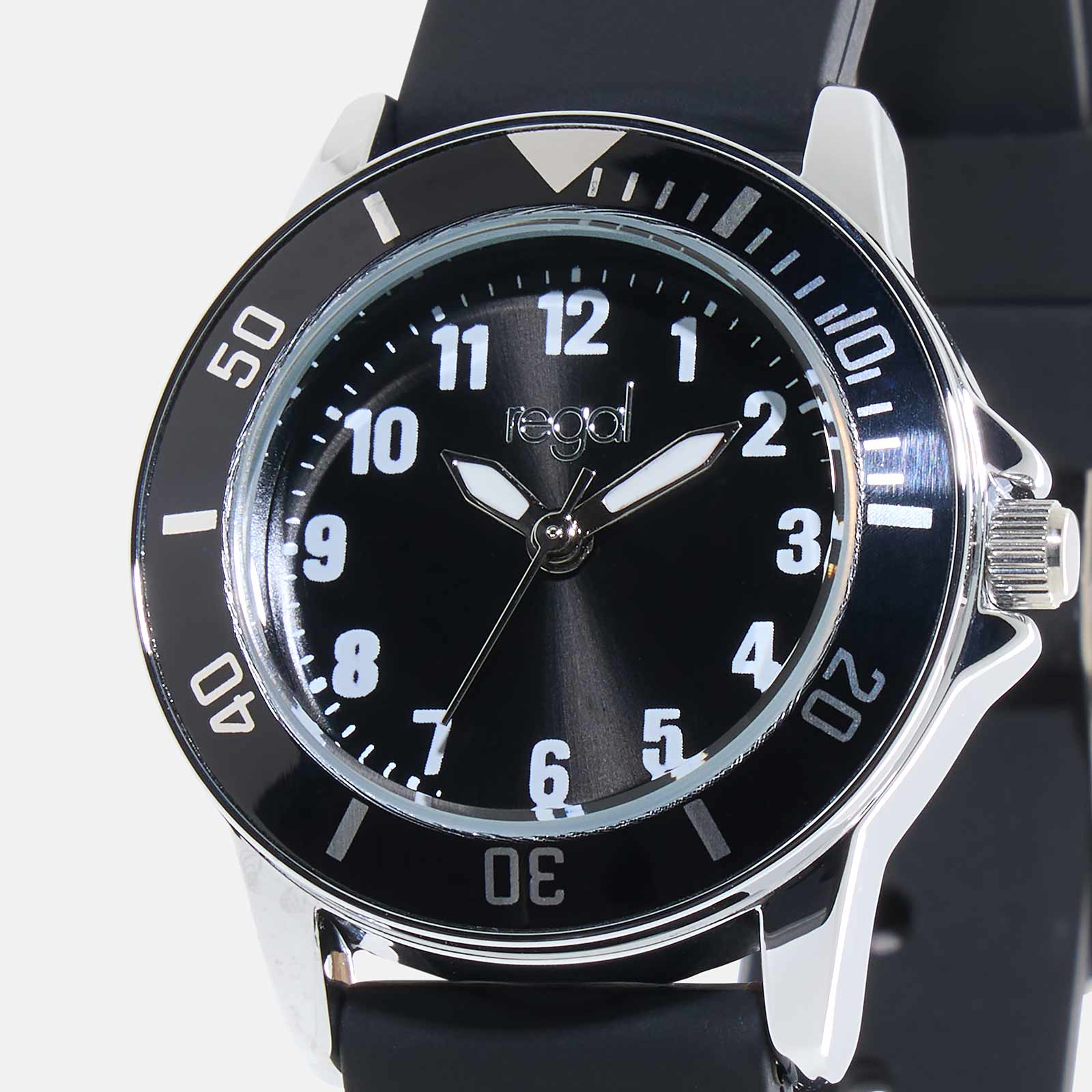 Regal barnklocka - silverton/svart, gummiband, 28 mm