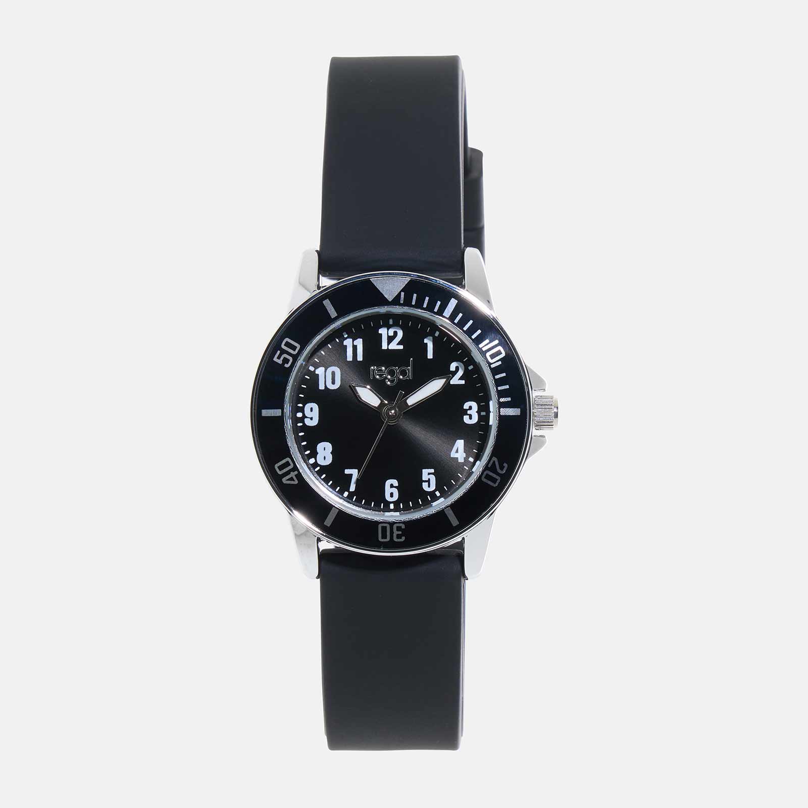 Regal barnklocka - silverton/svart, gummiband, 28 mm