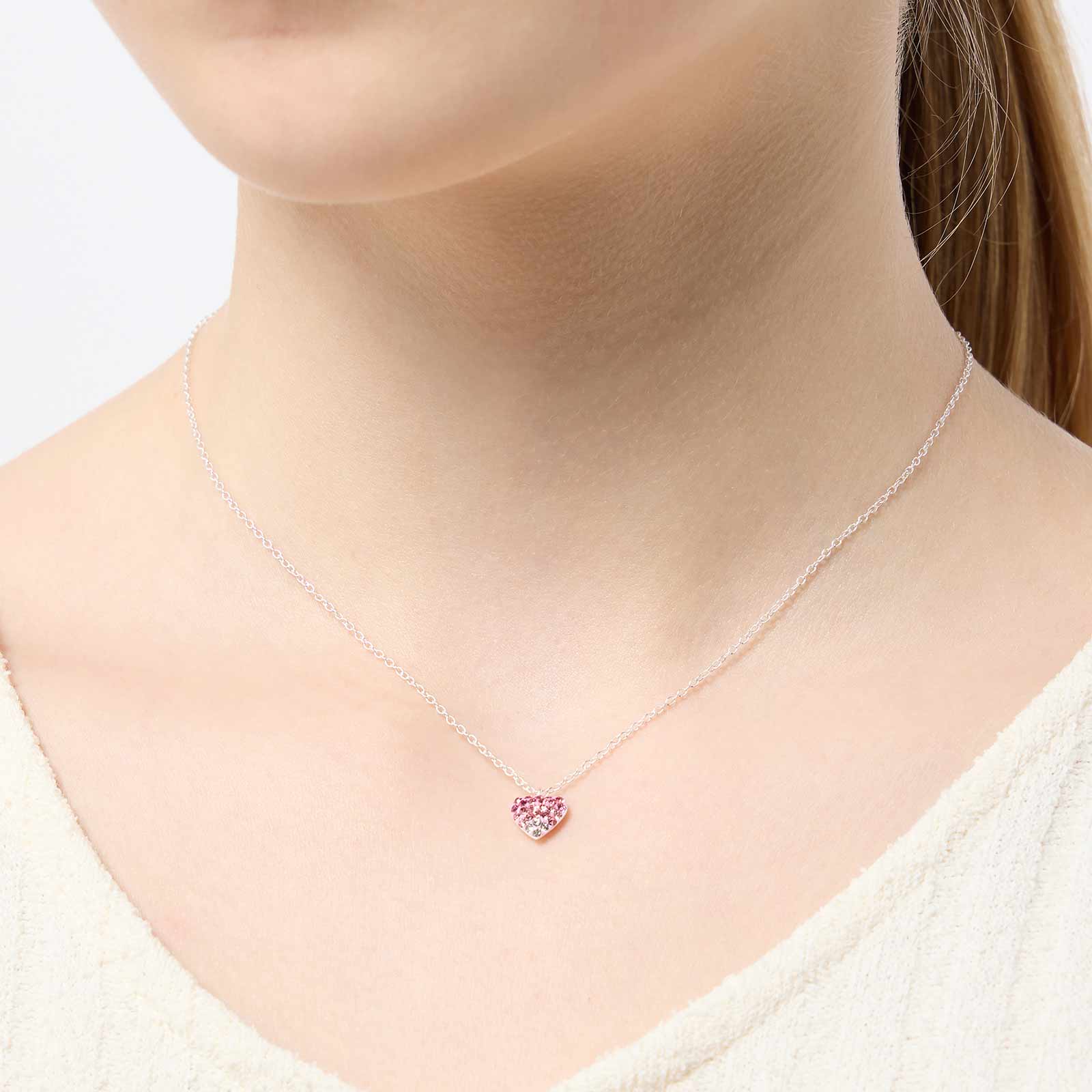 Silverhalsband för barn - hjärta, rosa/vita stenar, 36+2cm