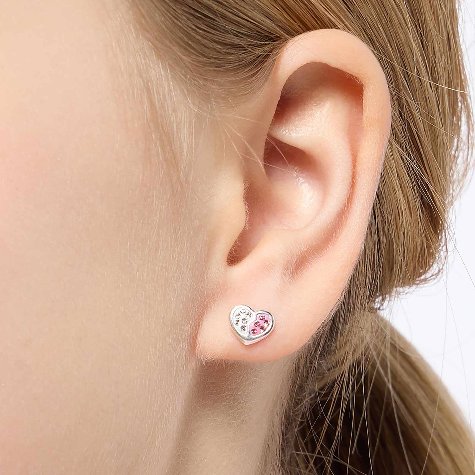 Silverörhängen för barn - vit/rosa hjärtan med stenar
